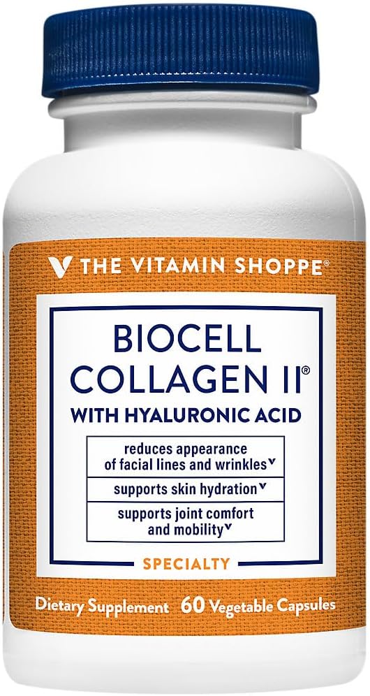The Vitamin Shoppe Collagen Type II 1000MG - Joint Health Cartilage Support &amp Flexibility with Hyaluronic Acid (60 Vegetable Capsules)