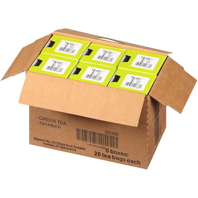 Bigelow Green Tea 28-Count Boxes (Pack of 6) Premium Bagged Green Tea Bright Antioxidant-Rich All Natural Medium-Caffeine Tea in Individual Foil-Wrapped Bags