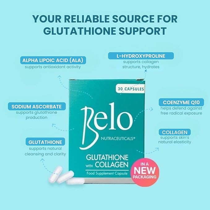Belo Nutraceuticals Glutathione Collagen Advanced Skin Support Beauty Capsule Supplement - 60 Capsules + 30 Free