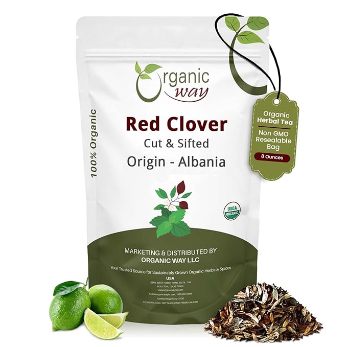 Organic Way Red Clover Flower Cut &amp Sifted (Trifolium Pratense) Herbal Tea | European Wild-Harvest | Organic &amp Kosher Certified | USDA Certified | Origin - Albania (1/2LBS | 8Oz)
