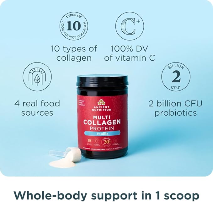Ancient Nutrition Multi Collagen Capsules 90 Count + Multi Collagen Protein Powder Vanilla 60 Servings
