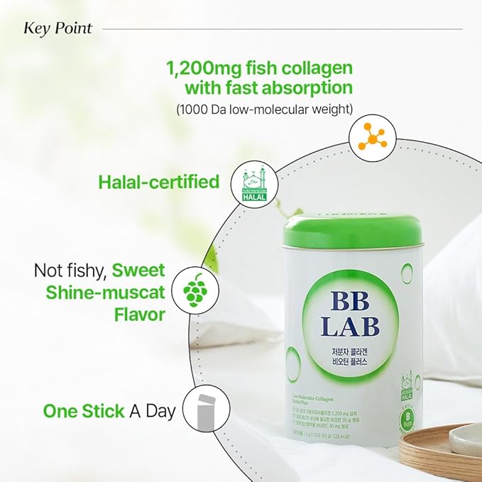 BB LAB Low Molecular Collagen Biotin Plus Halal Collagen Powder Supplement Korean Marine Collagen Fish Collagen Peptides Biotin Vitamin C Fast Absorption Shine Muscat Flavor