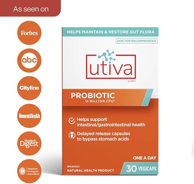 Szio+ Utiva Probiotic – Urinary Tract and Gut Health Supplement – 12 Billion CFU Lactobacillus &amp Bifidobacterium Probiotic for Men and Women 30 Delayed Release Vegi Capsules