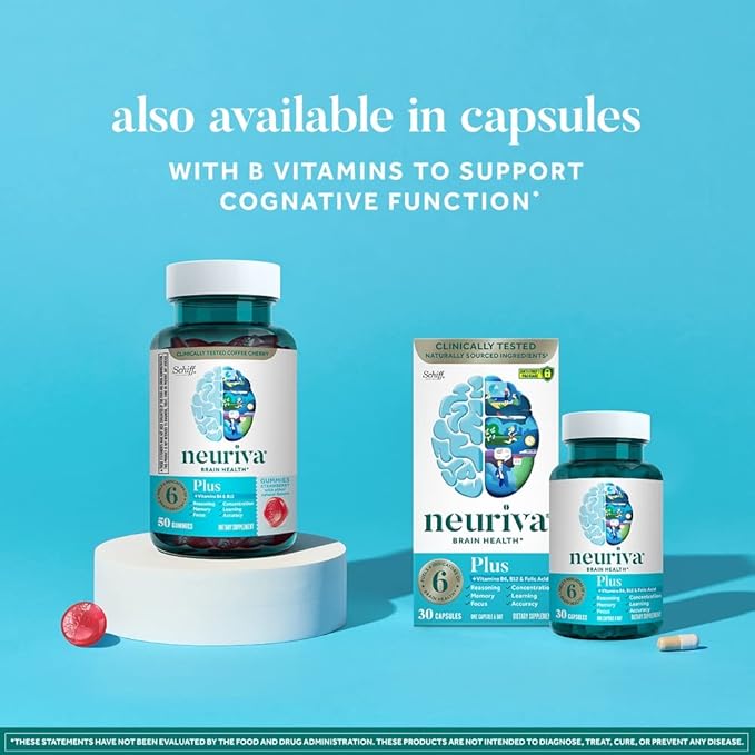 NEURIVA Plus Brain Supplement for Memory Focus &amp Concentration + Cognitive Function with Nootropics Phosphatidylserine and Neurofactor VIT B6 &amp B12 Strawberry Flavor 50 Gummies (2 Pack)