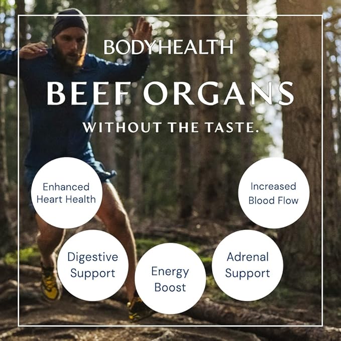 BodyHealth Organ+ Grass-Fed Glandular Organ Complex Grassfed Beef Organ Supplement Dessicated Beef Liver Heart Kidney Pancreas Spleen Non GMO Adrenal Supplement (150 Capsules)