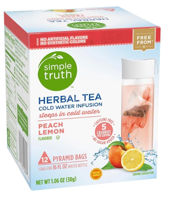 Simple Truth - Herbal Tea Cold Water Infusion - Peach Lemon -12 Tea Bag Pack. Plus GTF Sticker &amp Spearmint Gum Stick