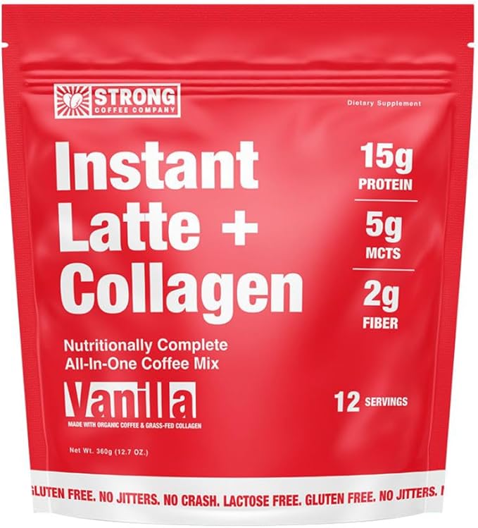 Strong Coffee Co. Vanilla Instant Latte | Organic Coffee with 15g Collagen Protein | Lion’s Mane &amp L-Theanine | Nootropic Instant Coffee | 12 Serving
