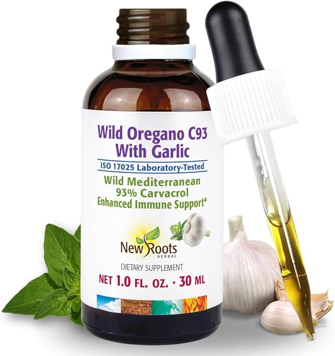 NEW ROOTS HERBAL Wild Oregano Oil Tincture with Garlic (1 fl oz) | 93% Carvacrol Oregano Oil Drops Enhanced Immune Support Supplement l Non GMO Vegan GMP Certified