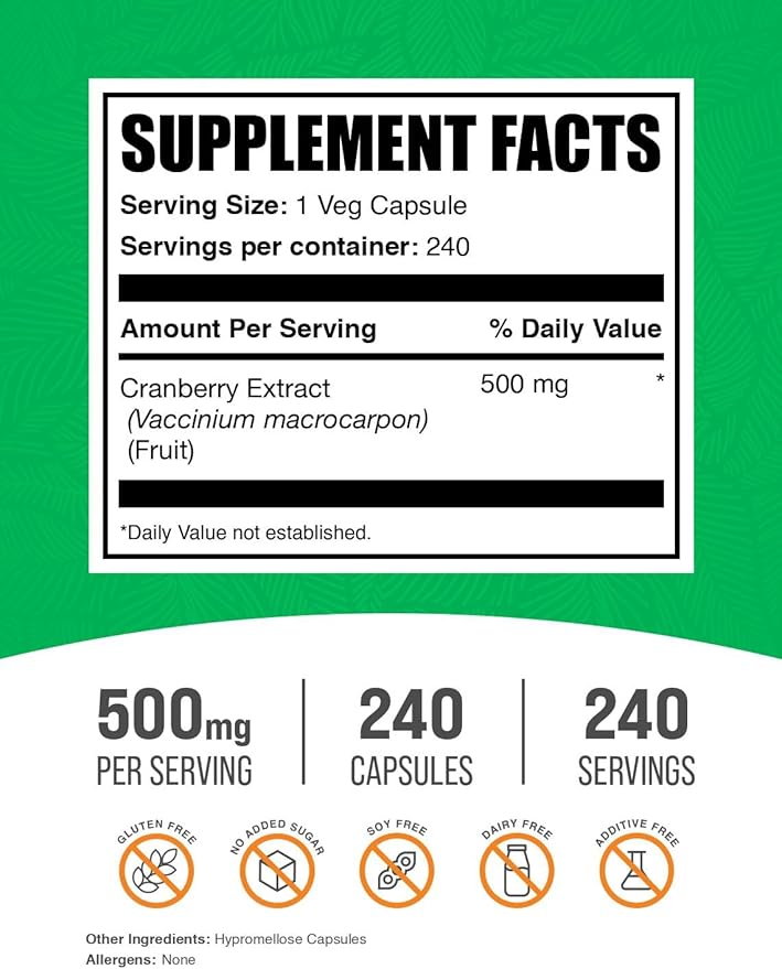 BulkSupplements.com Cranberry Extract Capsules - Cranberry Supplements for Men &amp Women Herbal Supplement - Vegan &amp Gluten Free 1 Capsule per Serving (500mg) 240 Count (Pack of 1)