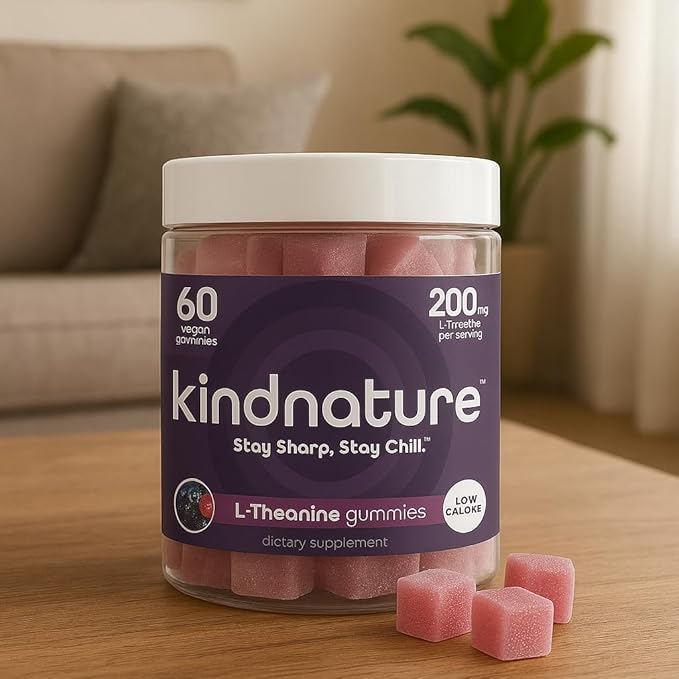 kindnature L-Theanine Gummies 200mg – Vegan Calm &amp Focus Supplement for Adults &amp Kids Ages 4+ – Mixed Berry Chewable Low Sugar Non-Drowsy*