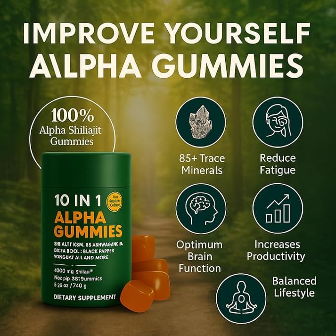 Alpha Gummies 10 in 1 for Men | 4000mg Himalayan Alpha Shilajit Gummies for Energy &amp Immune | 75% Fulvic Acid 85+ Trace Minerals Ashwagandha Gokshura | No Added Sugar Non-GMO 60 Count (1)