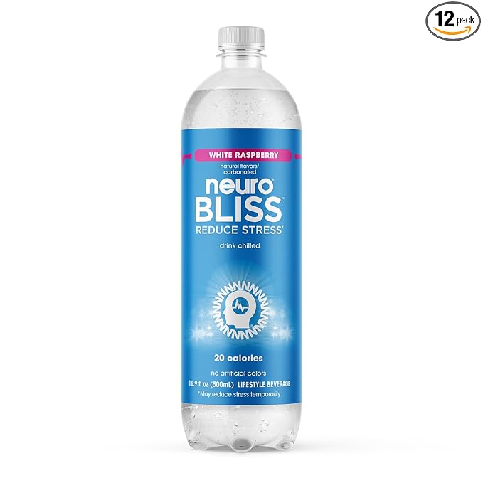 neuroBLISS | White Raspberry | Functional Beverage for Reducing Stress Lightly-Carbonated Vegan &amp Low Sugar 16.9 Fl Oz (Pack of 12)