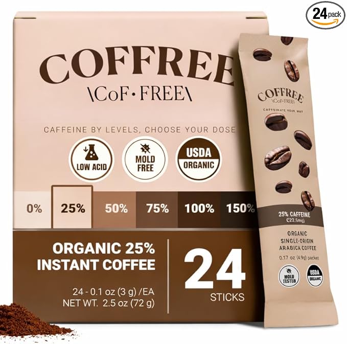 COFFREE Organic Instant Coffee Packets - 25% Low Caffeine Convenient Coffee Sticks Mold Free Low Acid Arabica for On-the-Go Energy - Hot or Cold Balanced Taste Single Serve Travel Packets 24 Count