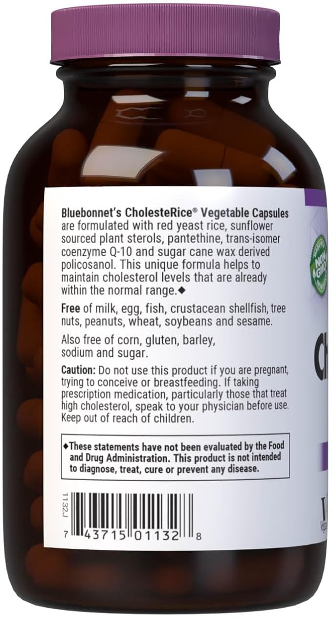 Bluebonnet Nutrition CholesteRice Vegetable Capsules Red Yeast Rice Plant Sterols Pantethine CoQ10 Policosanol Vegan Vegetarian Non GMO Gluten Free Milk Free SOY-FREE 90 Vegetable Capsules