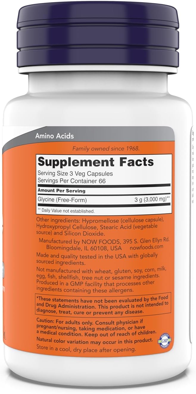 Now Foods Glycine 1000mg Free-Form Pharmaceutical Grade Neurotransmitter Support* Promotes restful Sleep* Gluten Free Vegan Kosher 200 Vegetarian Capsules (Pack of 1)