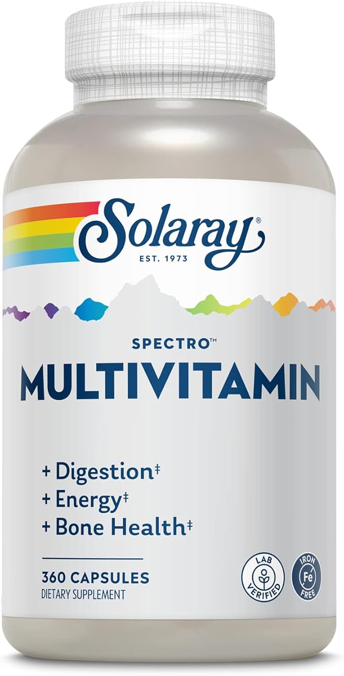 SOLARAY Spectro Multivitamin Iron Free - Multi Vitamin w/Calcium Magnesium Energizing Greens Digestive Enzymes - Digestion Cellular Energy Bone Health Immune Support 60 Servings 360 Capsules