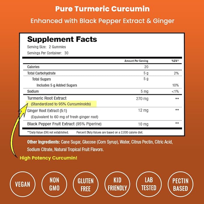Turmeric Gummies for Adults &amp Kids with Ginger &amp Black Pepper Extract | 95% Curcuminoids | Vegan Natural Curcumin Joint Support | 120 Tumeric Gummy Supplements (2-Pack)