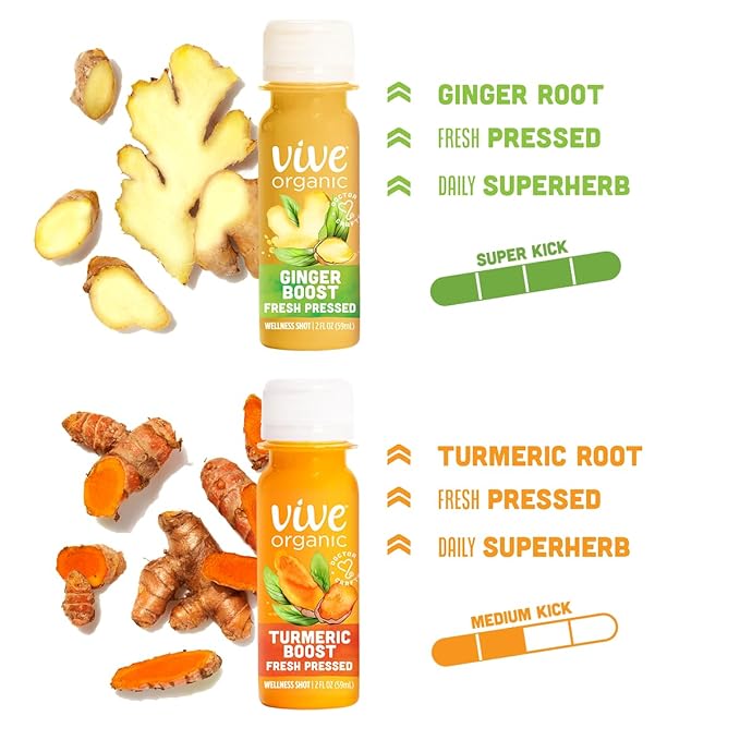 Vive Organic Immune Support Ginger Shot + Turmeric Shot Variety Pack Cold-Pressed Ginger Root &amp Turmeric Gluten Free Vegan Immunity Booster 2 Fl Oz (Pack of 24)