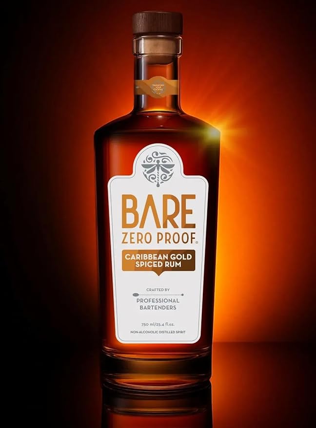 BARE Zero Proof® Caribbean Gold Spiced Rum Alternative – Non-Alcoholic Rum-Inspired Spirit for Craft Cocktails – Alcohol-Free Spiced Blend with Molasses Caramel &amp Vanilla – Low-Cal NA Beverage