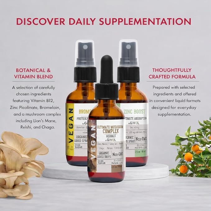 Digestive Harmony Bundle Liquid Vitamin Trio Mushroom Complex Lions Mane Reishi Maitake &amp Chaga Zinc Picolinate &amp Bromelain | Non-GMO | Gluten Free | Sugar Free | 2 Fl Oz | 240 Days Supply