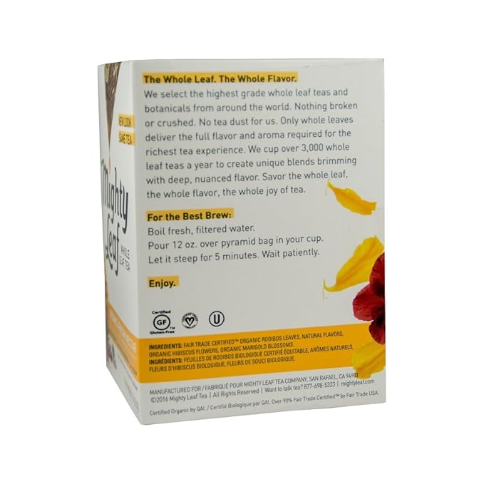 Mighty Leaf Whole Leaf Tea Organic African Nectar 45 Tea Bags (Pack of 3 15CT each) Individual Pyramid-Style Tea Sachets of Uncaffeinated Organic Rooibos Tea Delicious Hot or Iced