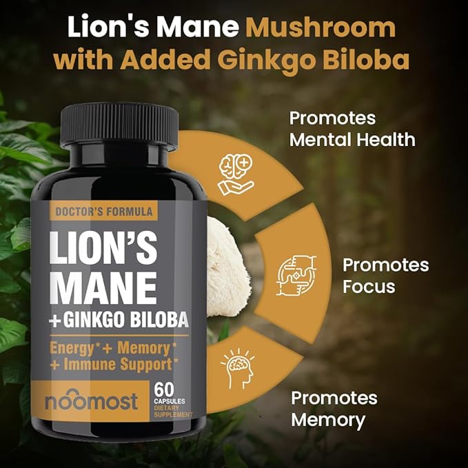 NooMost Lions Mane Supplement Organic Capsules - With Ginkgo Biloba - Cognitive Health Focus &amp Memory Support - Natural Superfood for Brain Energy &amp Immune Health - Non GMO- 60 Caps - 2 Mont