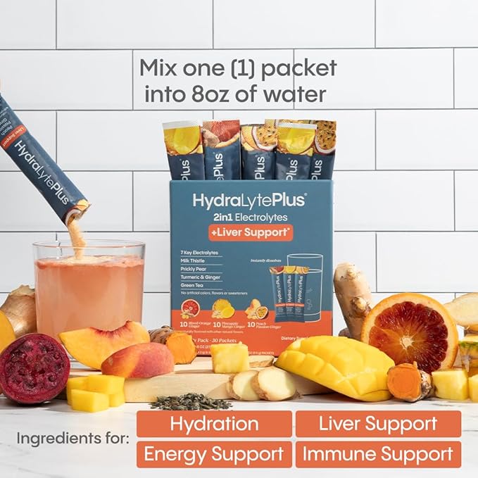 Hydralyte Liver Support + Electrolyte Mix with Milk Thistle Turmeric Ginger Prickly Pear Green Tea Extract Formulated for Rapid Rehydration (Pineapple Mango Ginger 20 Packets)