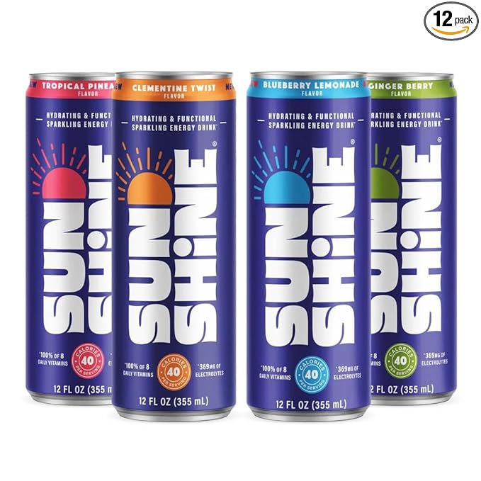 Sunshine Sparkling Energy Drink Variety Pack with Daily Essential Vitamins 360mg of Electrolytes 70mg of Natural Caffeine 12 Fl Oz (Pack of 12)