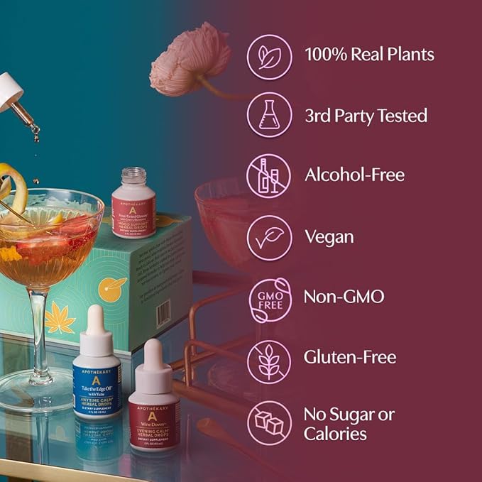 Apothékary Now &amp Zen Starter Set Mini Herbal Liquid Drops Take The Edge Off With Yuzu Rosé-Tinted Glasses with Cherry Blossom and Wine Down with Japanese Maple Leaf Non-Alcoholic 15ml Pack