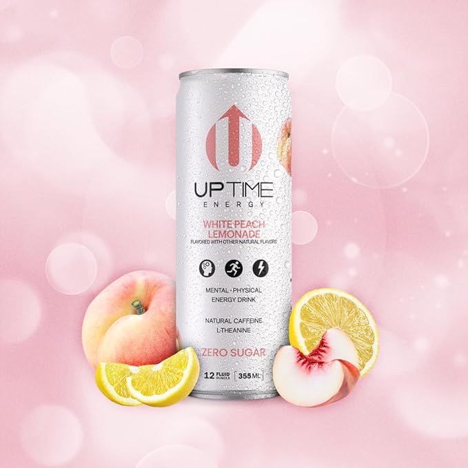 UPTIME Energy Drink White Peach Lemonade Sparkling 12 Pack Vitamin C L Theanine Calcium Sugar Free Energy Drinks for Focus Support 142mg of Natural Caffeine 5 Calories Clean 12 fl oz Cans