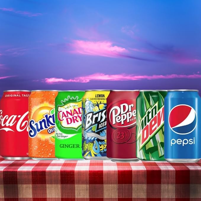 Soft Drink Assortment Variety: Cola Pepsi Sprite Mountain Dew Dr. Pepper Brisk Iced Tea Canada Dry Ginger Ale Sunkist - 12 Fl Oz cans (18 Pack) Soda Pop Restock Kit