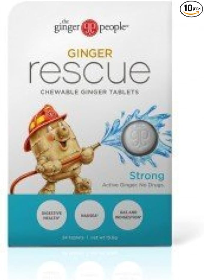 Ginger Rescue® Chewable Tablets by The Ginger People® – Drug Free Digestive Health 5.5 oz Chewable Tablets Strong Ginger Flavor 0.55 Oz 10 Count Caddy (240 Tablets)