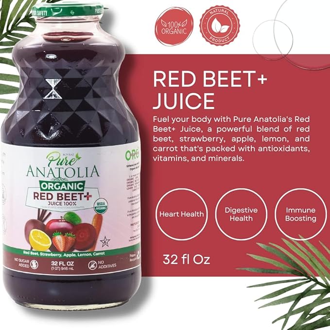 Organic Red Beet + Juice by Pure Anatolia - USDA Organic Gluten Free Vegan No Preservatives Non GMO Rich in Vitamin C Immunity Boosting - Reusable 6 Glass Bottles of 32 fl oz.