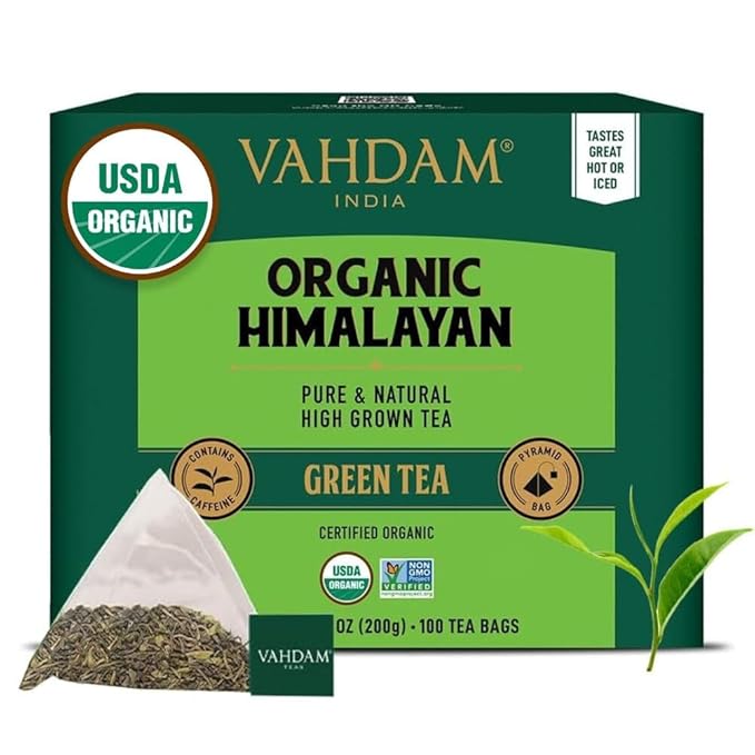 VAHDAM Organic Himalayan Green Tea (100 Count) High Grown Non GMO Gluten Free Low Caffeine | Earthy &amp Smooth | Resealable &amp Plant-Based Pyramid Tea Bags