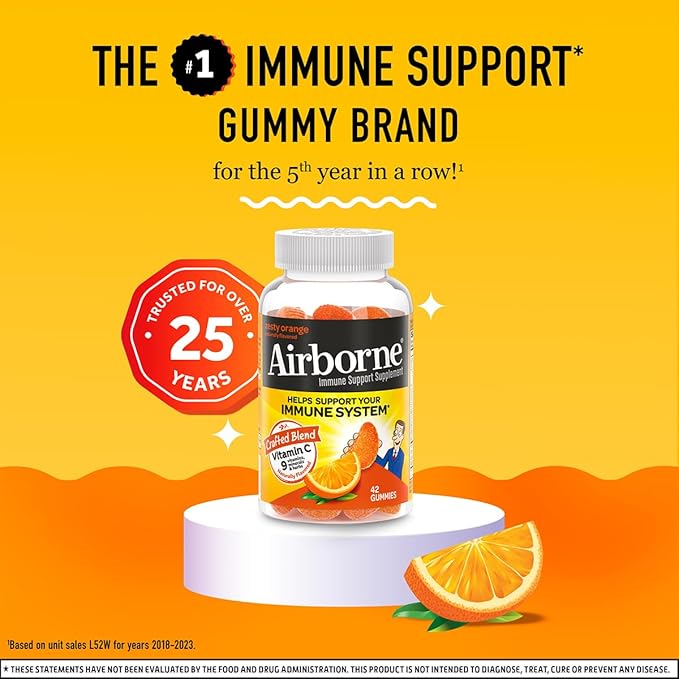 Airborne 750mg Vitamin C Immune Support Supplement Gummies for Adults Zesty Orange Flavor Gluten Free Crafted Blend with Powerful Antioxidants Vitamins C &amp E 42 Gummies (3 Pack)