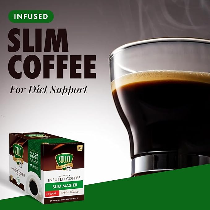 SOLLO Slim Decafenated Coffee Pods Diet Support Weight Loss with Garcinia Vitamins and Green Coffee Bean Extract Compatible w/Keurig K-Cup Brewers Decaf 24 ct