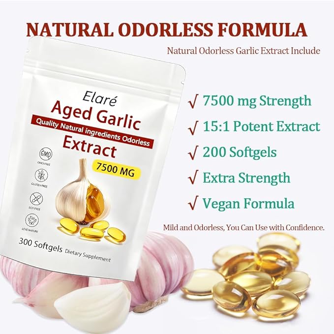 Elare Aged Garlic Extract - 7500mg Odorless Organic Garlic Extract Capsules | Heart &amp Immune Antioxidant Supplements Vegetarian All-Natural Non-GMO 300 Softgels