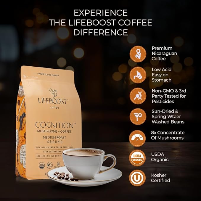 Lifeboost Cognition Adaptogenic Mushroom Coffee - Great Tasting Organic Lions Mane &amp Chaga Medium Roast Nootropic Coffee - Increase Energy Boost Focus &amp Immune Support - 12 oz Bag - Ground