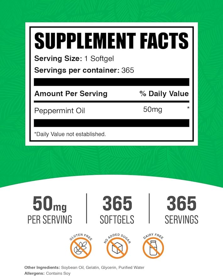 BulkSupplements.com Peppermint Oil Softgels - Peppermint Supplement Peppermint Oil Pills Peppermint Oil Capsules 50mg - Gluten Free 1 Softgel per Serving 365 Count (Pack of 1)