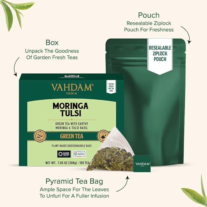 VAHDAM Tulsi Moringa Tea Bags (100 Count) Low Caffeine Non GMO &amp Gluten Free | High Grown Green Tea | Infused Moringa Lemongrass &amp Lemon Basil | Resealable Ziplock Pouch