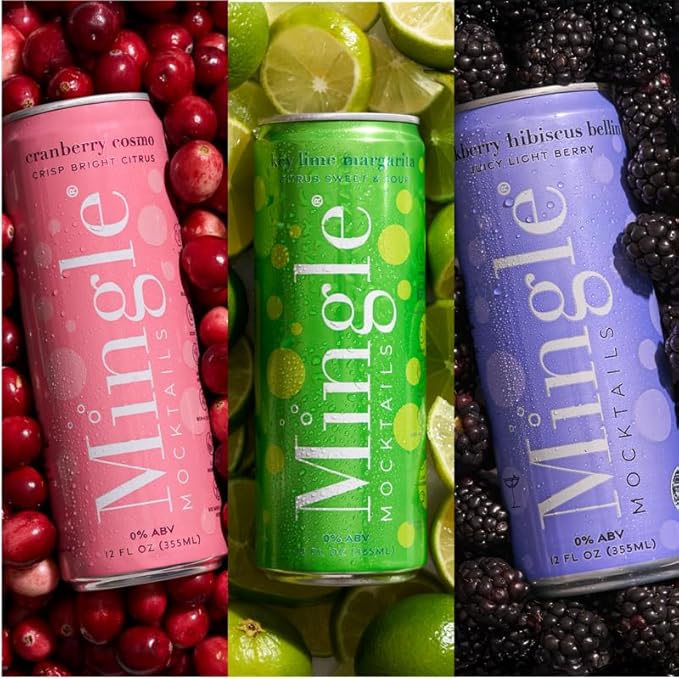 Mingle Mocktails - Variety Pack Blackberry Hibiscus Bellini Cranberry Cosmopolitan Key Lime Margarita - Premium Non Alcoholic Cocktails 12 FL OZ Cans (Pack of 12)