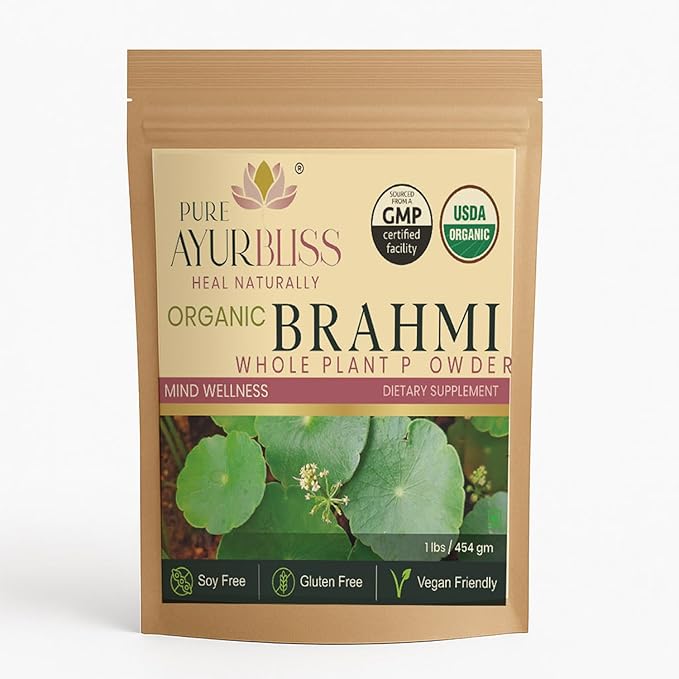 100% Organic Brahmi Powder Ayurvedic Bacopa Monnieri for Memory Focus and Nervous System Care Nootropic Brain Support Blend for Cognitive Wellness Gut Balance - 16oz