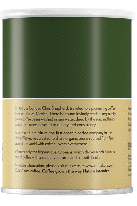 Cafe Altura Ground Organic Coffee Regular Roast Decaf 12 oz Can (Pack of 6)