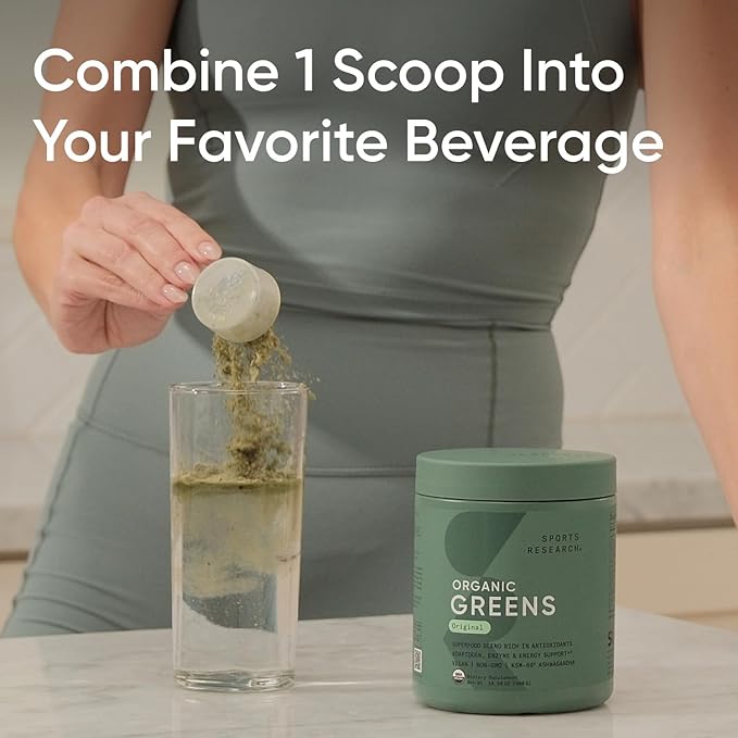 Sports Research® Organic Greens Superfood Powder w/Spirulina &amp Chlorella Adaptogens Enzymes Probiotics &amp 8 VIT Bs for Gut &amp Mood Support* - Vegan Sugar-Free &amp Low-Cal Original 30 S