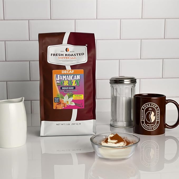 Fresh Roasted Coffee Decaf Jamaican Me Crazy Flavored Coffee 2 lb (32 oz) Medium Roast Kosher Whole Bean