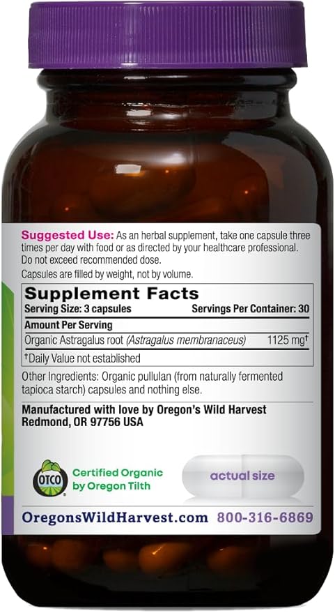 Oregon's Wild Harvest Certified Organic Astragalus Capsules for Immunity Support 1125 MGS 90 Count