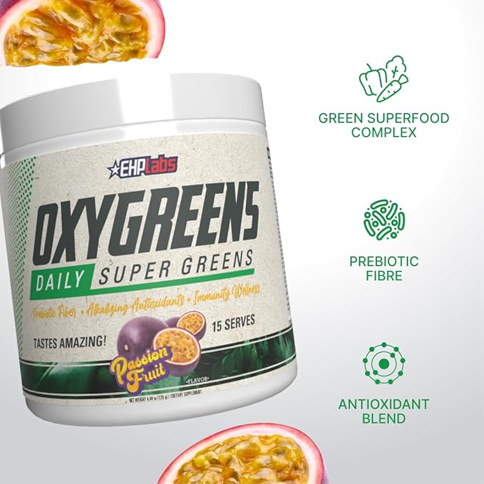 EHP Labs OxyGreens Super Greens Powder with Spirulina &amp Chlorella Prebiotic Fiber Probiotics &amp Digestive Enzymes – Antioxidant Green Superfood Supplement - 15 Servings (Passionfruit)