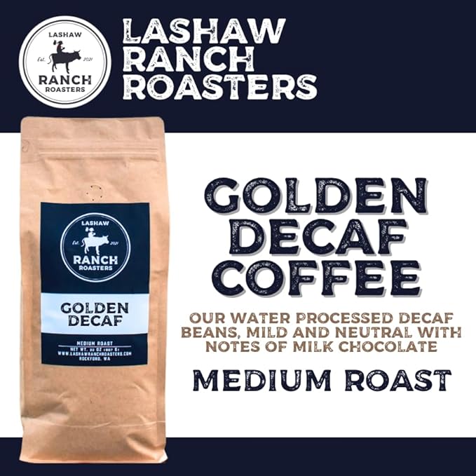 LaShaw Ranch Roasters - Golden Decaf Coffee Medium Roast Water Processed Whole Bean Premium Quality Non-GMO 100% Arabica Rich Bodied 32oz Bag (Pack of 1)