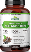 Zazzee Extra Strength Mucuna Pruriens 8:1 Extract Minimum 20% L-Dopa 1000 mg 220 Vegan Capsules 110 Day Supply Concentrated and Standardized 8X Extract 100% Vegetarian All-Natural and Non-GMO
