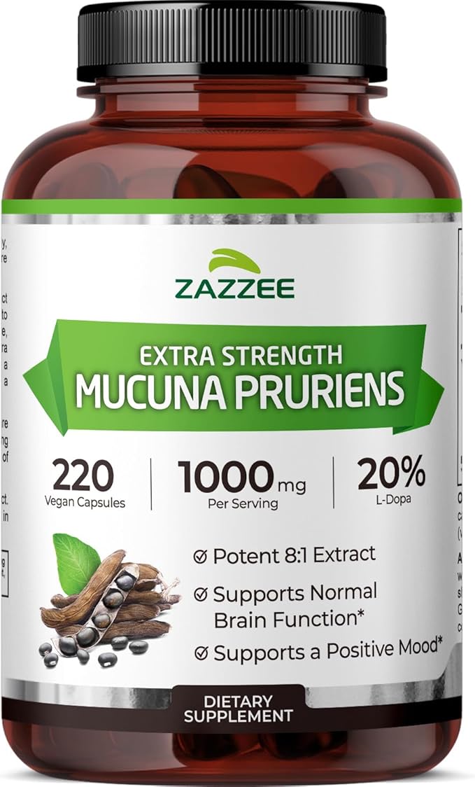 Zazzee Extra Strength Mucuna Pruriens 8:1 Extract Minimum 20% L-Dopa 1000 mg 220 Vegan Capsules 110 Day Supply Concentrated and Standardized 8X Extract 100% Vegetarian All-Natural and Non-GMO
